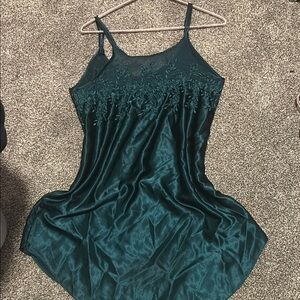 Chic Teal Satin Dress with Lace